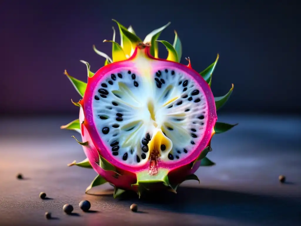 Una imagen detallada de una exótica pitahaya morada abierta, con su pulpa blanca salpicada de semillas negras, sobre un fondo oscuro