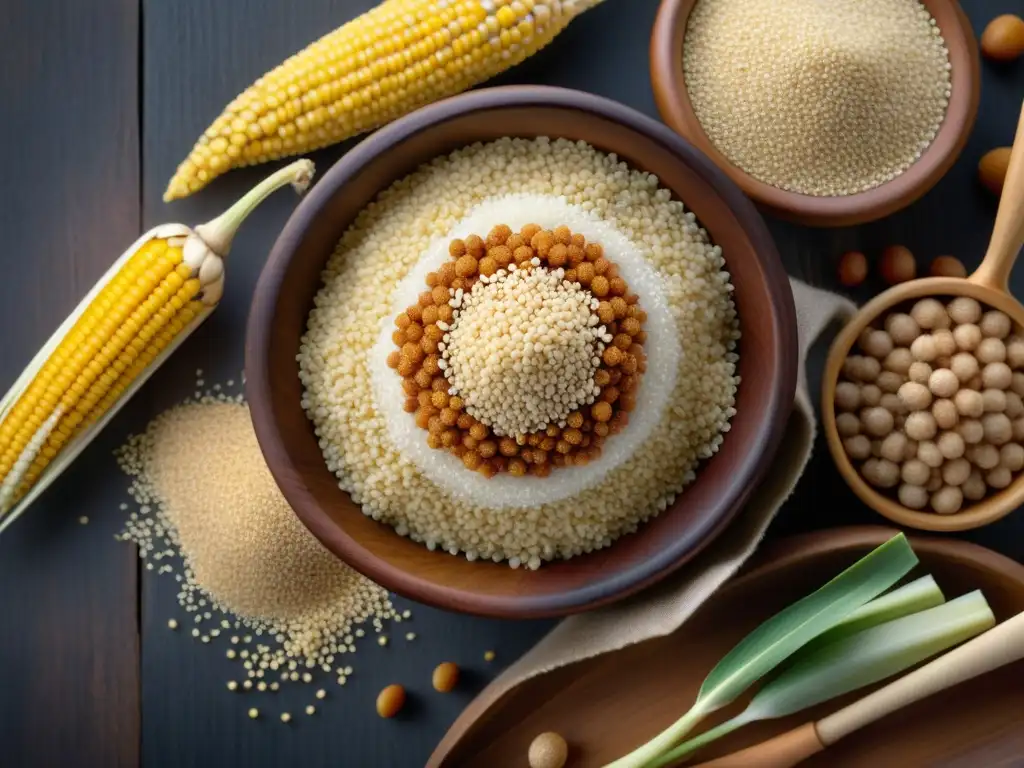 Una imagen detallada de granos sin gluten como quinoa, amaranto, mijo y trigo sarraceno en un tazón de madera rústico