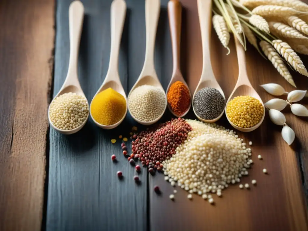 Una imagen detallada de granos sin gluten en una mesa rústica de madera, resaltando texturas y colores