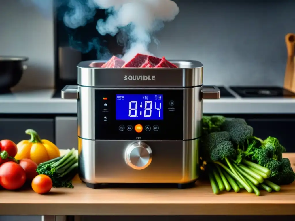 Una imagen detallada de una moderna máquina sousvide rodeada de ingredientes frescos y vibrantes, listos para ser cocinados sin gluten