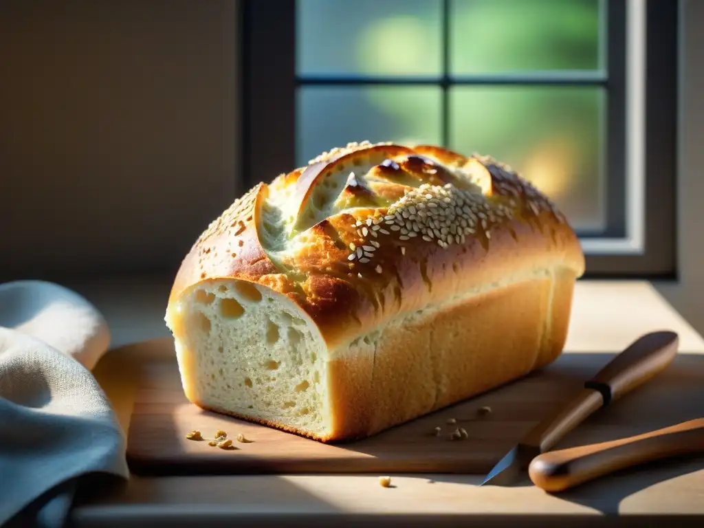 Imagen detallada de un pan sin gluten crujiente recién horneado, con semillas de quinoa, amaranto y chía