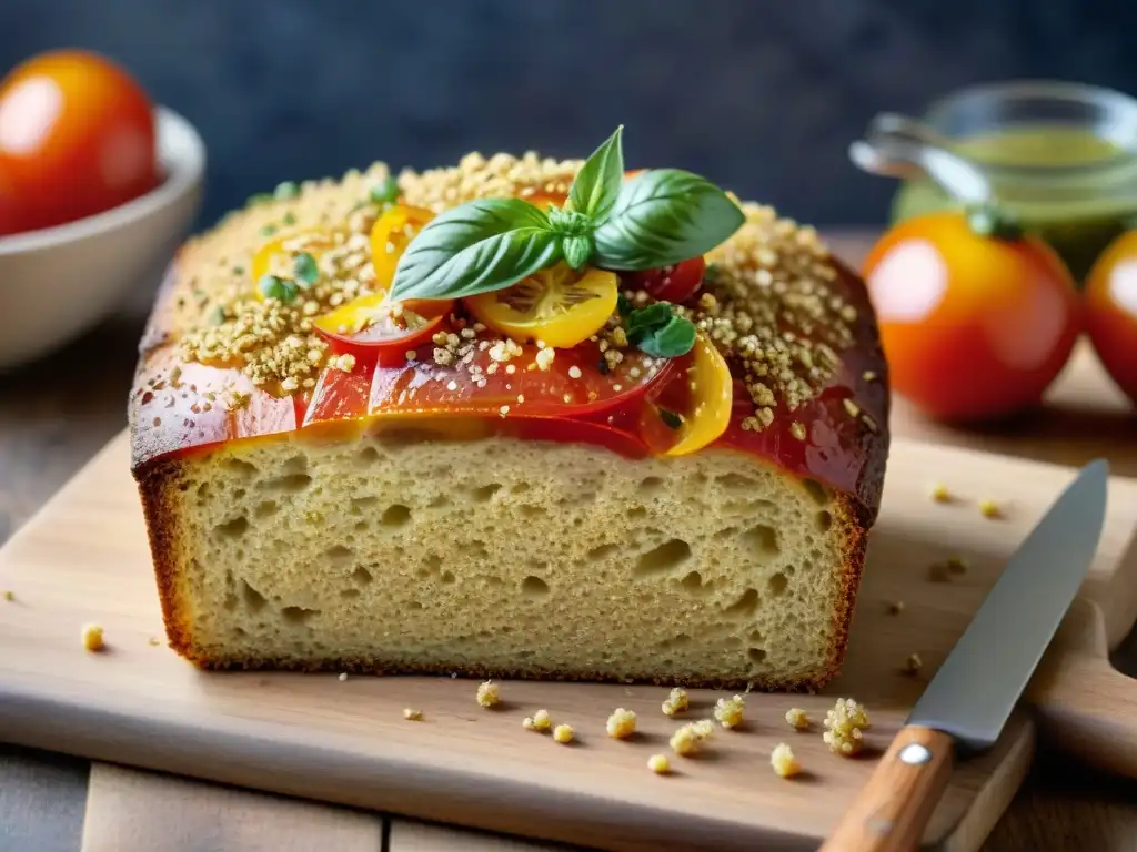 Una imagen detallada de un pan de quinoa recién horneado en tabla de madera, acompañado de aguacate y tomate