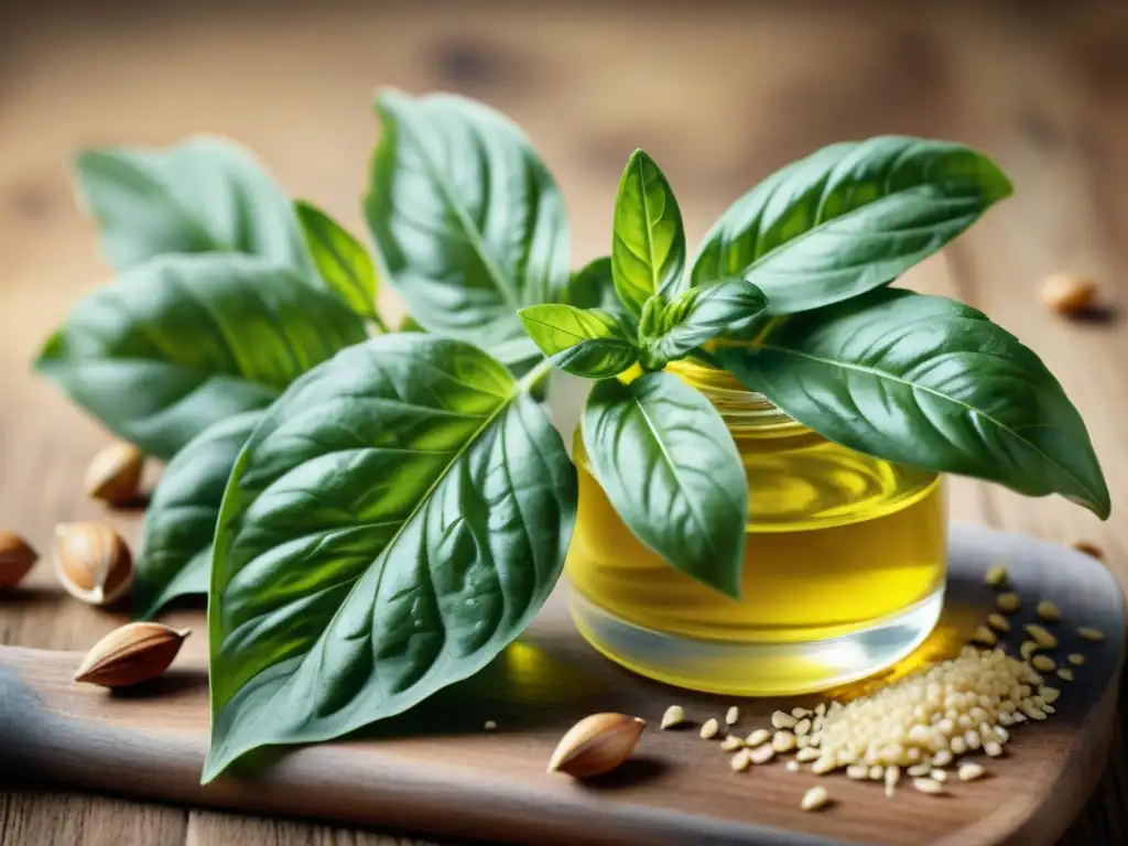 Imagen detallada de una planta de albahaca verde vibrante con rocío, junto a ingredientes para una receta fácil de pesto sin gluten