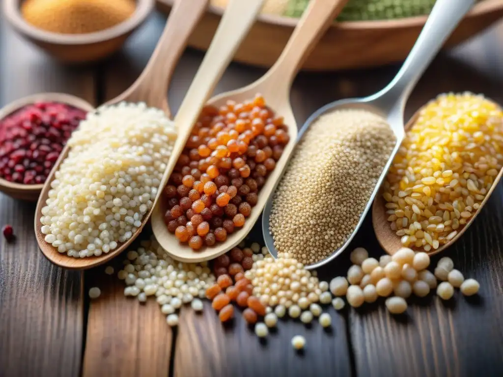 Una imagen detallada y realista de personas diversas disfrutando de una variedad de granos sin gluten en una mesa de madera rústica