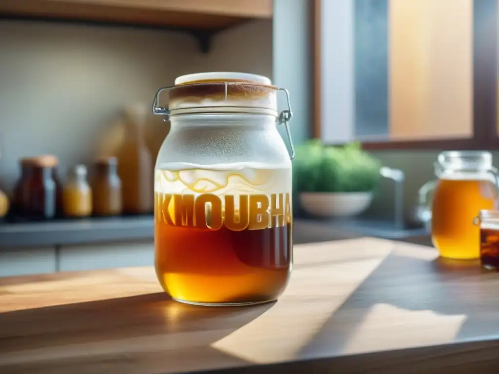 Imagen detallada de tarro con té de kombucha burbujeante y SCOBY sin gluten casero, en una cocina acogedora