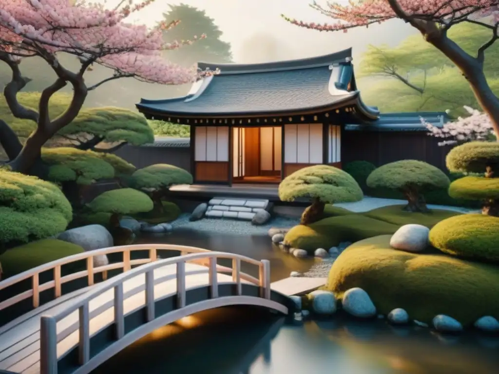 Imagen detallada de un tranquilo jardín japonés con casa de té de madera, cerezos en flor y ambiente auténtico sake sin gluten tradición japonesa