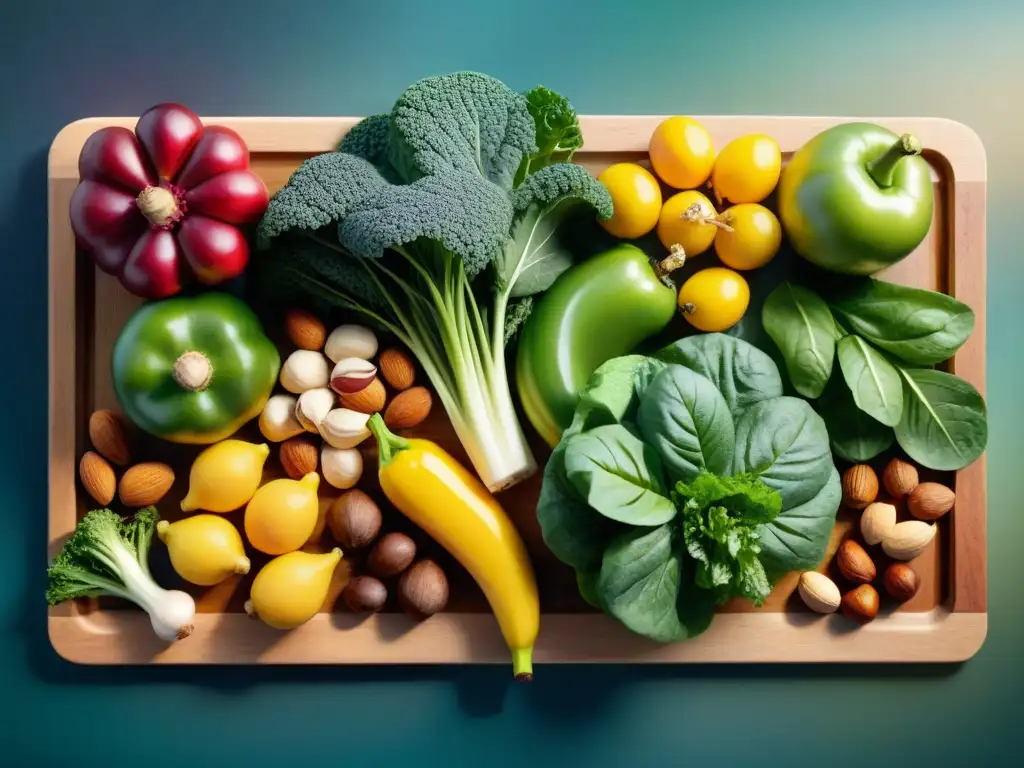 Una imagen detallada y vibrante de alimentos variados y coloridos en una tabla de madera, resaltando la frescura