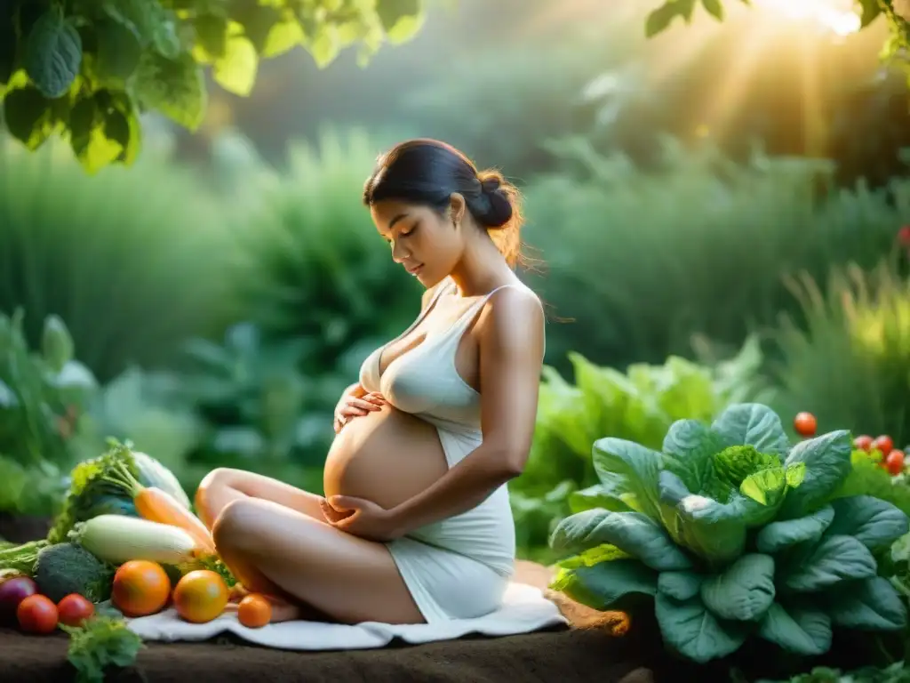 Imagen de un embarazo saludable sin gluten orgánico: mujer embarazada radiante en un jardín verde exuberante, mostrando paz y bienestar