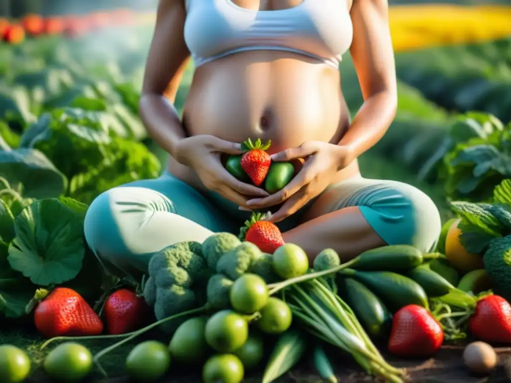 Imagen emotiva de embarazo saludable sin gluten orgánico: mujer embarazada en prado verde, rodeada de frutas y verduras coloridas