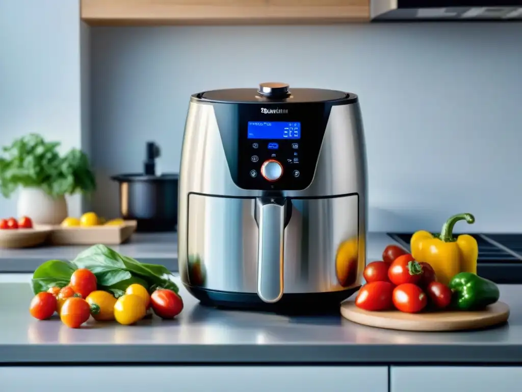 Imagen de freidora de aire moderna junto a ingredientes frescos en una cocina