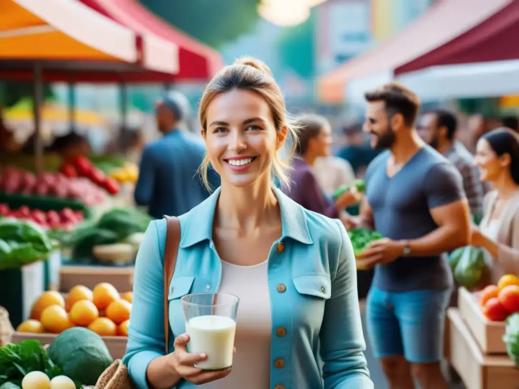 Una imagen de grupo diverso disfrutando alimentos probióticos sin gluten en un animado mercado de agricultores