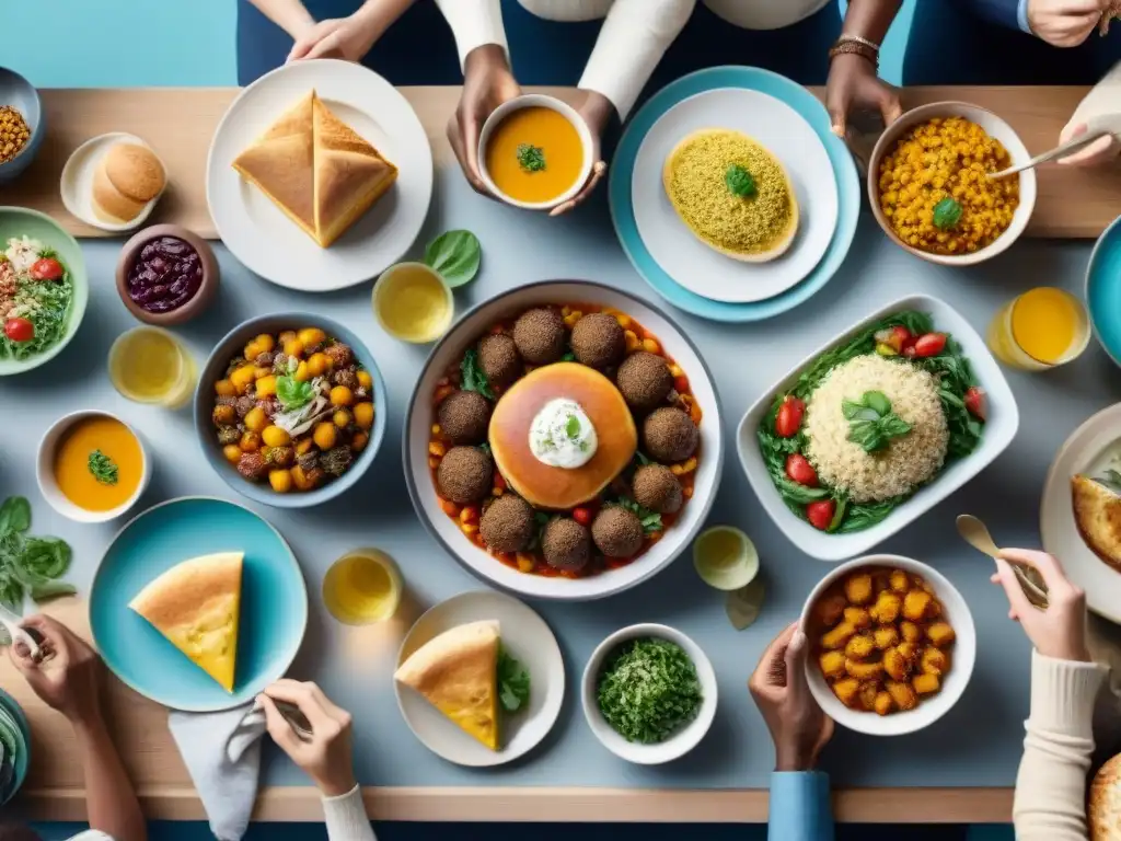 Comida sin gluten: alegría y diversidad en la mesa Una imagen de un grupo diverso disfrutando de una comida sin gluten, reflejando calidez y celebración