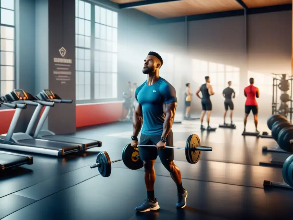 Imagen impactante de atletas en intensa sesión de entrenamiento en gimnasio ultramoderno