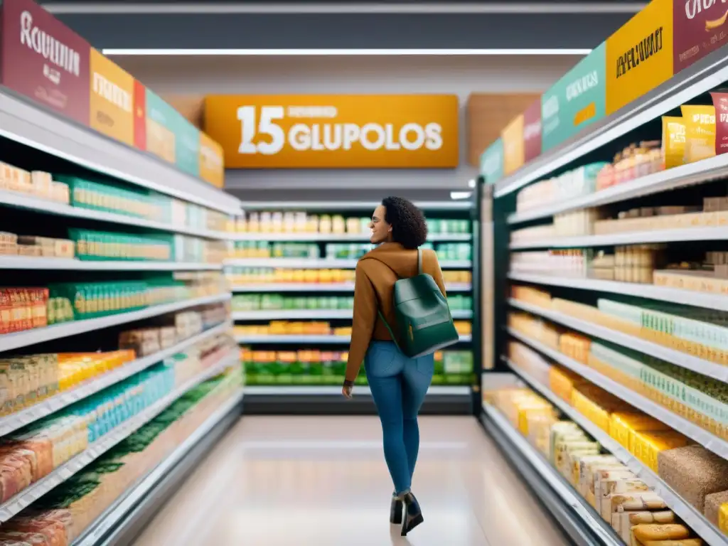 Una imagen inspiradora de compras sin gluten en supermercado con diversidad y alegría