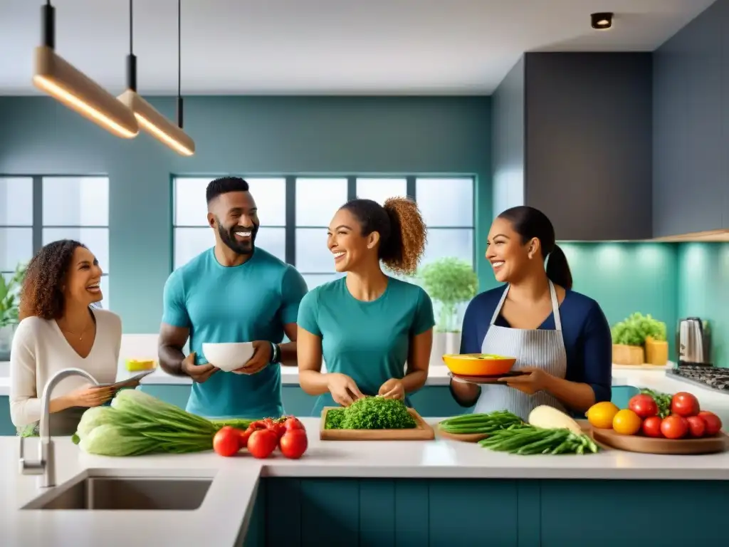 Una imagen inspiradora de diversidad y alegría en la cocina al preparar comidas sin gluten con innovadoras herramientas de planificación