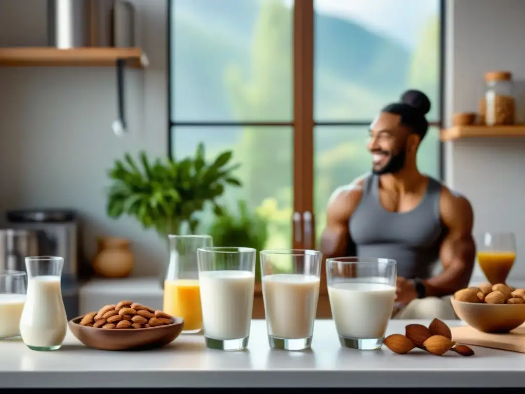 Una imagen inspiradora de personas sonriendo y disfrutando bebidas vegetales sin gluten en una cocina moderna iluminada por el sol