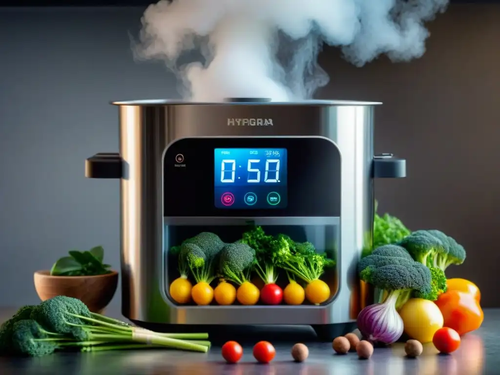 Una imagen de una moderna máquina de sous vide rodeada de ingredientes frescos y coloridos sin gluten en una cocina minimalista