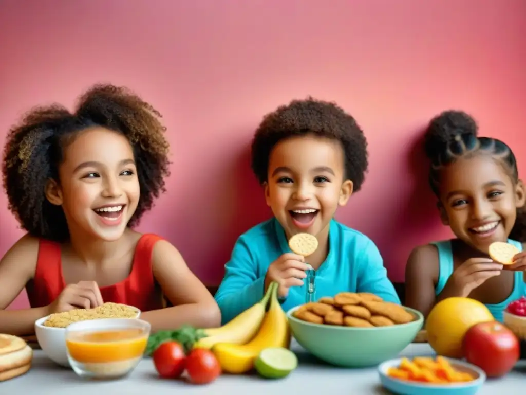 Una imagen de niños de diferentes etnias disfrutando de alimentos sin gluten para niños en una mesa colorida y alegre