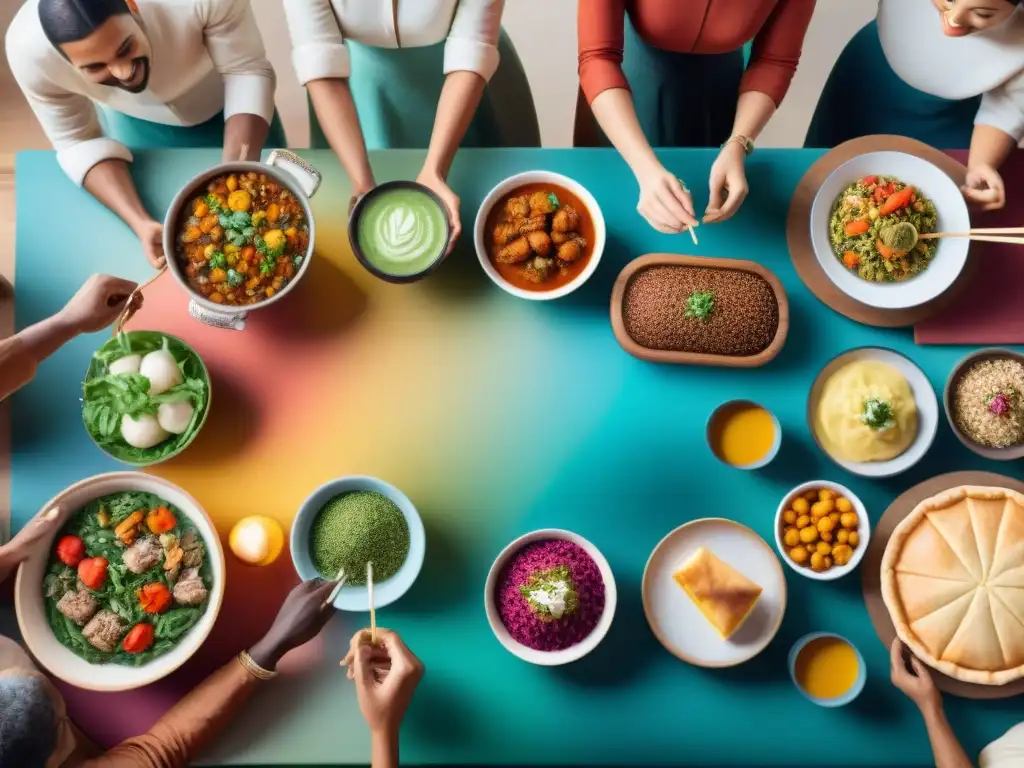 Imagen de personas de diversas culturas disfrutando de recetas sin gluten alrededor de una mesa comunitaria colorida y acogedora