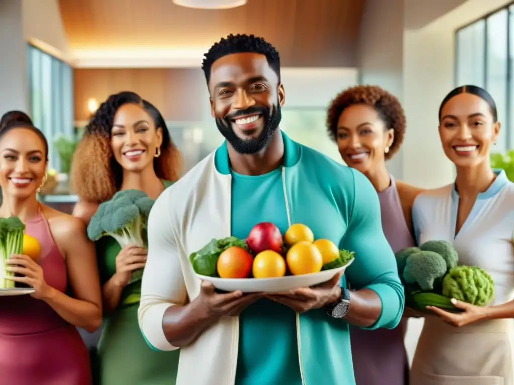 Una imagen realista de celebridades con enfermedad celiaca sonriendo juntas, mostrando platos deliciosos sin gluten en una cocina vibrante y acogedora