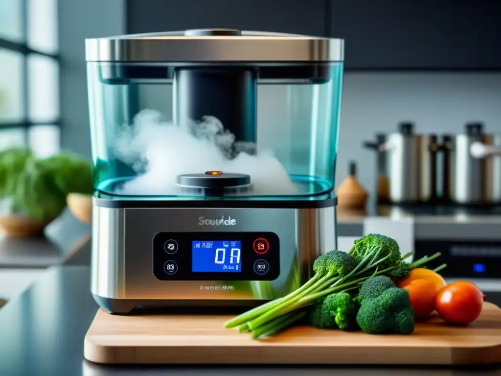 Imagen realista de cocina moderna con máquina sousvide sin gluten creando recetas innovadoras