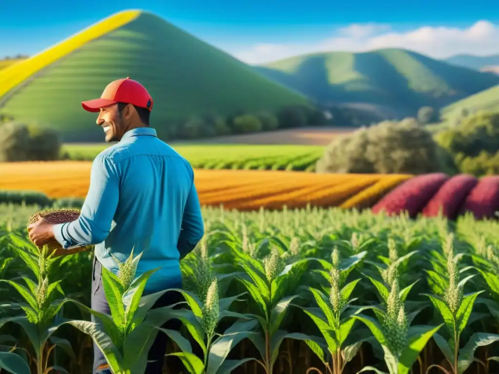 Una imagen realista de granjeros diversificados cosechando cultivos libres de gluten innovadores en un campo soleado y exuberante