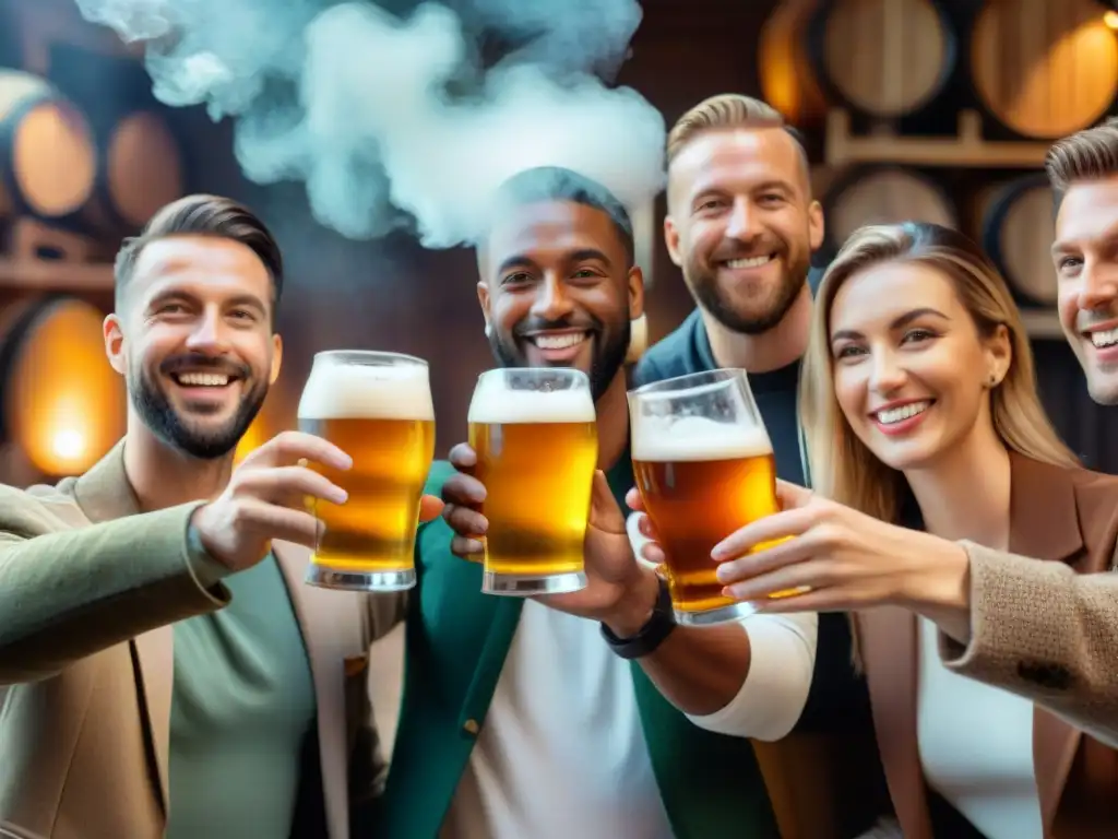 Una imagen realista de un grupo diverso brindando con cervezas artesanales sin gluten en una cervecería rústica y acogedora