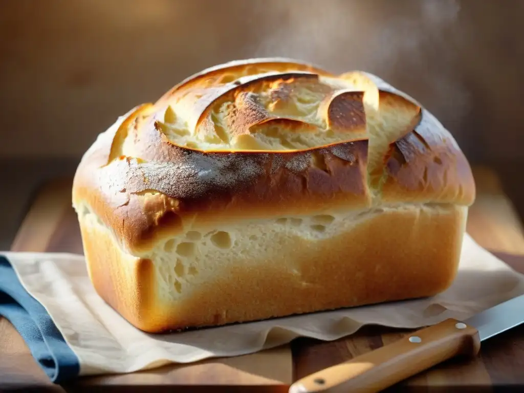 Una imagen realista de un pan sin gluten recién horneado en tabla rústica