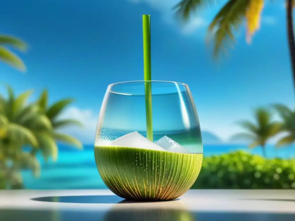 Una imagen realista de un vaso refrescante lleno de agua de coco puro, rodeado de palmeras verdes bajo un cielo azul