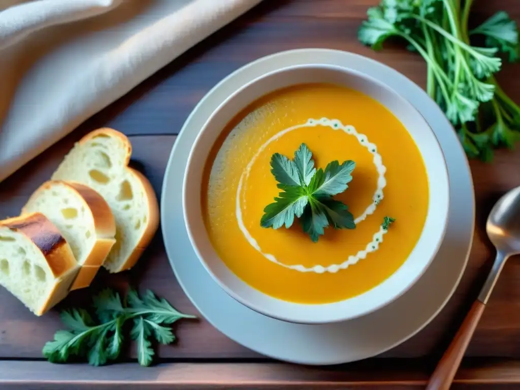 Una imagen de una reconfortante sopa de calabaza con pan sin gluten, perfecta para el invierno