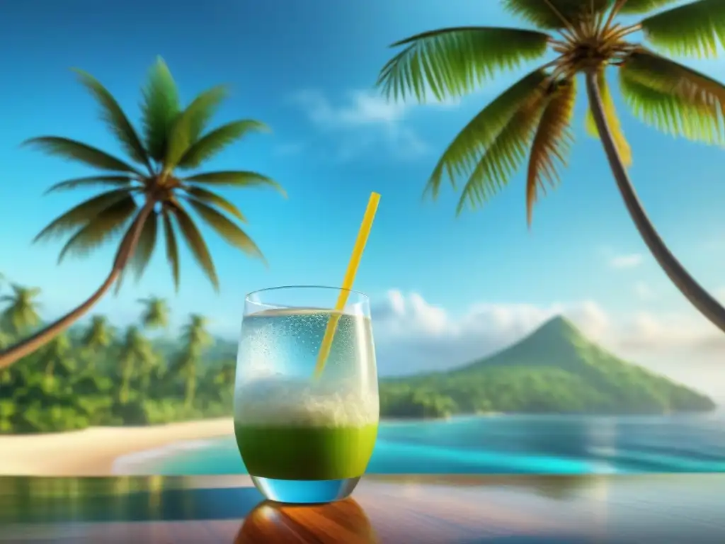 Imagen de un vaso alto con agua de coco rodeado de palmeras verdes bajo un cielo azul