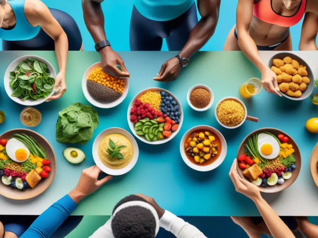 Viñeta de atletas disfrutando de comidas postcompetición sin gluten Una imagen vibrante de atletas disfrutando de una comida postcompetencia sin gluten en un entorno natural