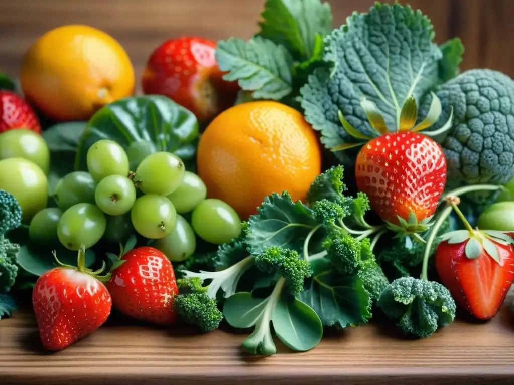 Una imagen vibrante de frutas y verduras frescas en una mesa de madera, evocando salud y frescura en recetas sin gluten innovadoras