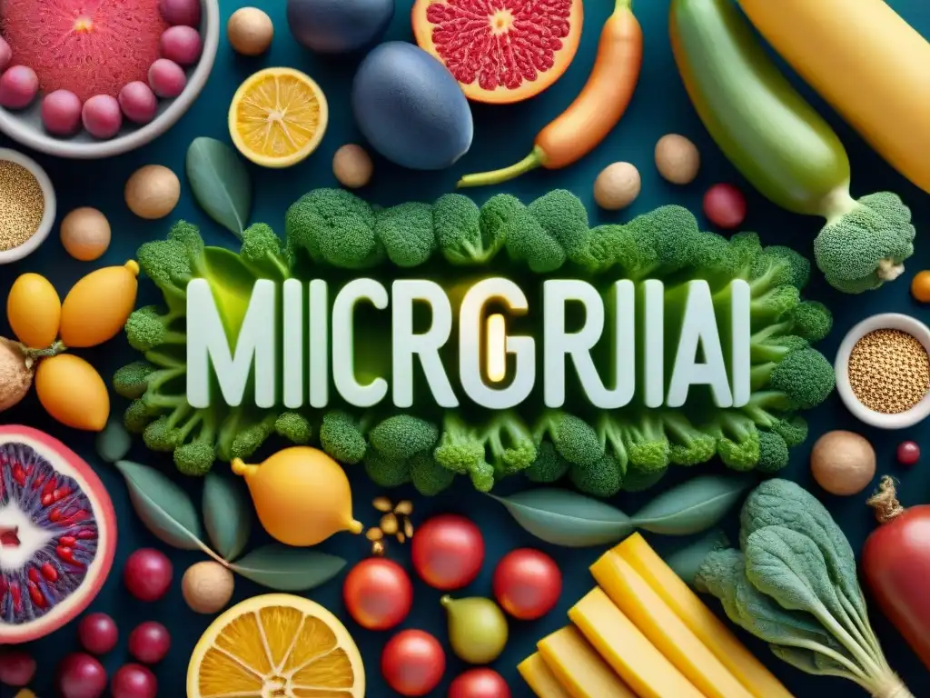 Una imagen vibrante de microorganismos coloridos interactuando con alimentos sin gluten en un ambiente intestinal saludable