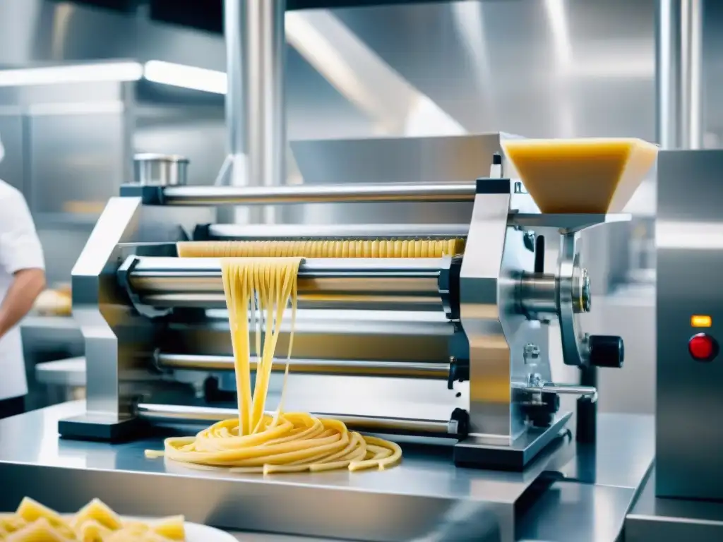 Impactante máquina de extrusión de pasta sin gluten en acción, con chefs y técnicos maravillados