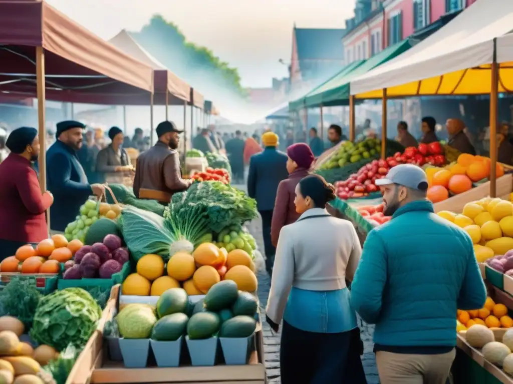 Mercado al aire libre: diversidad y productos glutenfree Impacto económico de la dieta sin gluten: Grupo diverso de personas comprando en animado mercado al aire libre, con opciones libres de gluten