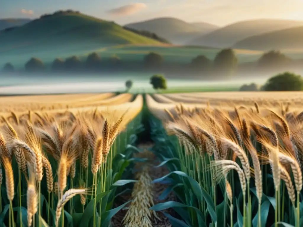 Impresionante amanecer sobre campo de trigo sin gluten, reflejando paz y armonía