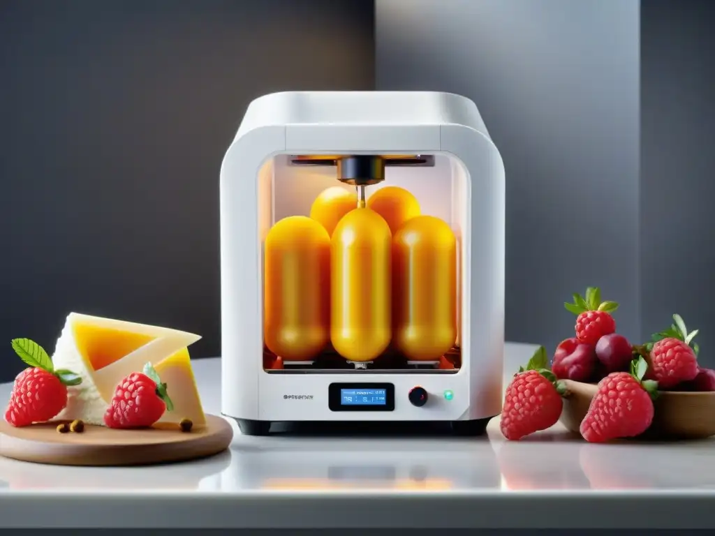 Una impresionante escena de alta tecnología: impresión 3D en alimentos sin gluten con exquisita pastelería y frescos ingredientes vibrantes