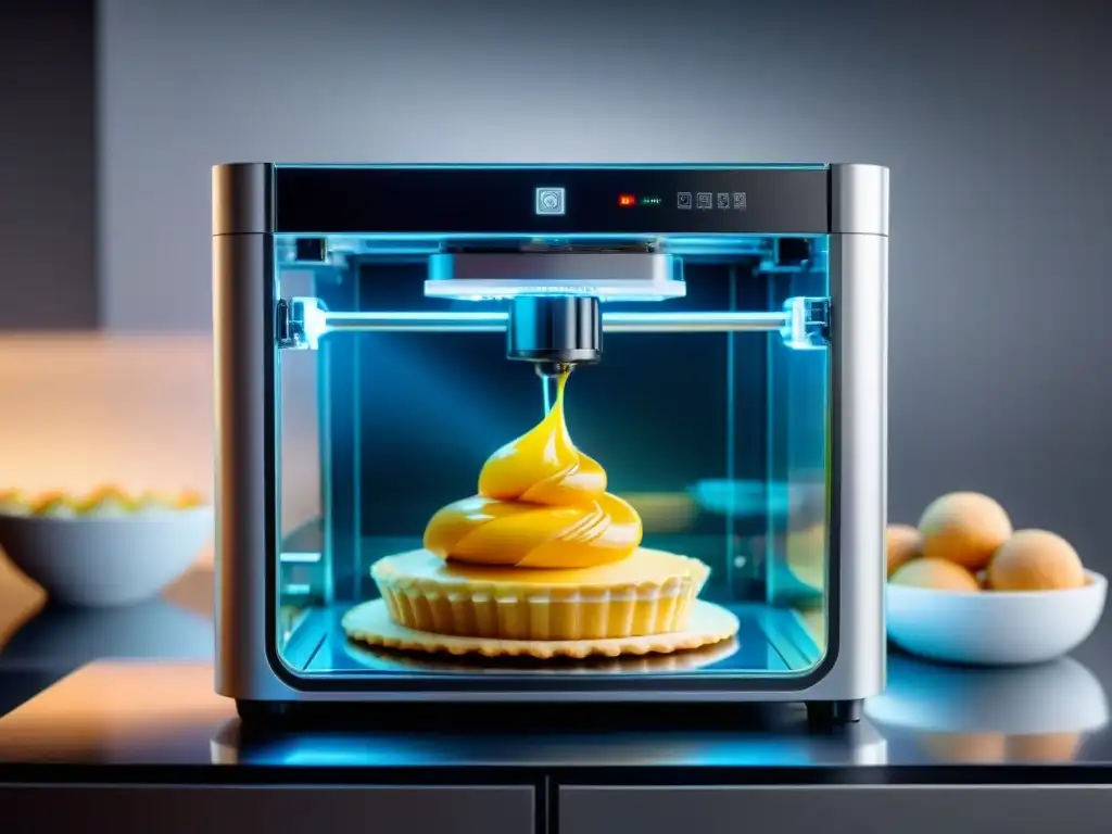 Impresora 3D de alimentos creando exquisita repostería sin gluten Un impresionante 3D food printer elaborando un delicado postre sin gluten