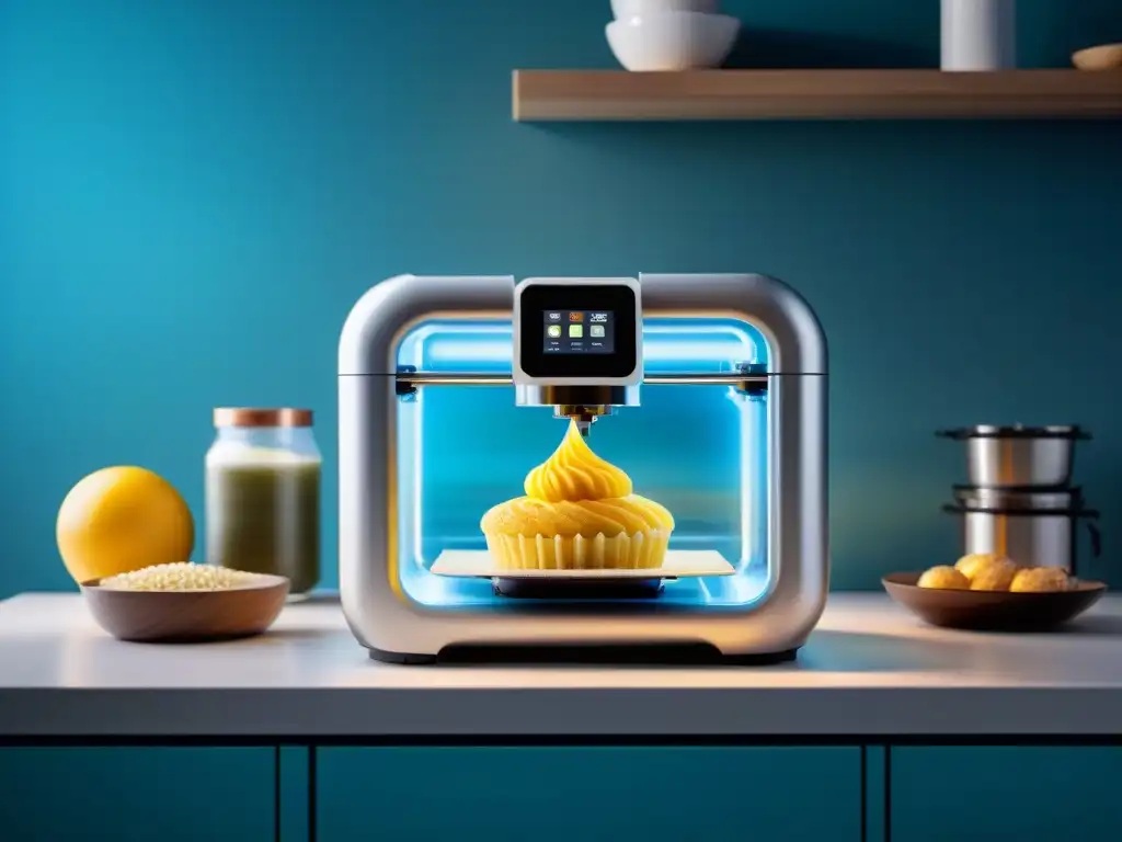 Una impresionante impresión 3D de alimentos sin gluten en una cocina moderna y futurista, creando deliciosos postres detallados y coloridos