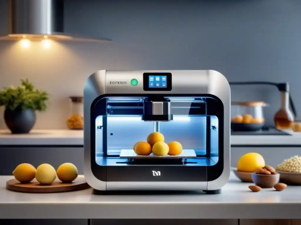 Una impresionante impresión 3D cocina sin gluten de alta tecnología creando pastelería delicada y detallada en una cocina futurista y limpia