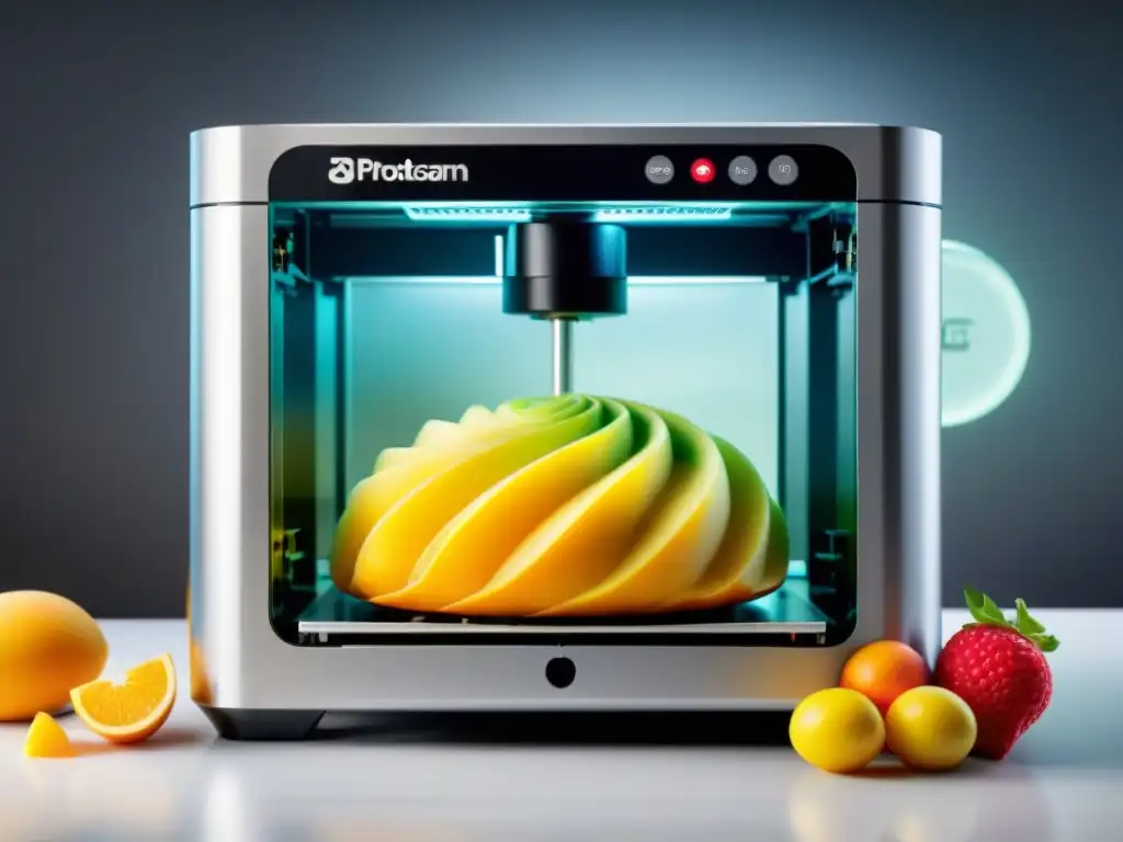 3D printer creando pastelería sin gluten Una impresionante impresora 3D de alimentos detallada, creando un delicado diseño de repostería sin gluten