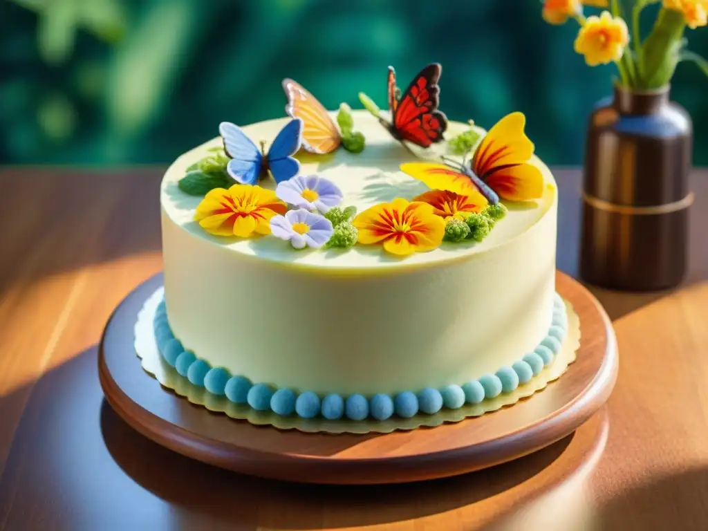 Una impresionante tarta decorada con flores y mariposas de azúcar, en un jardín soleado