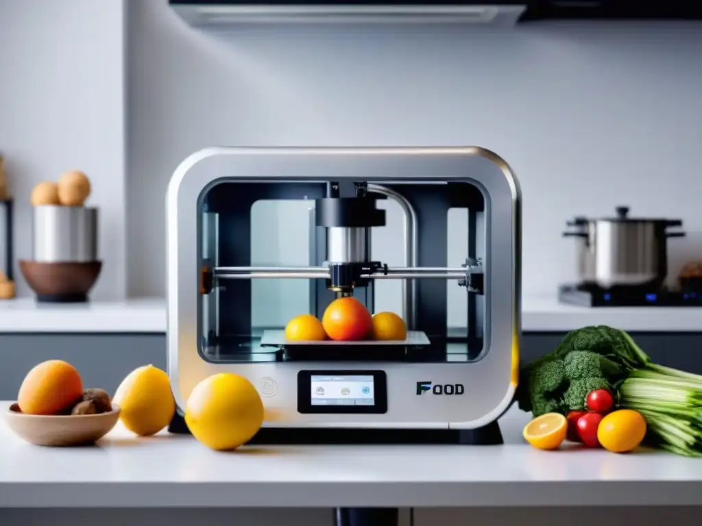 Revolutionary 3D food printer crea exquisitas comidas sin gluten Una impresora de alimentos 3D sin gluten creando postres y pasta, rodeada de ingredientes frescos