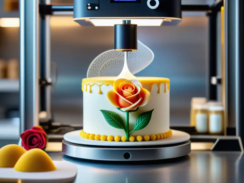 Una impresora 3D crea con precisión un adorno de pastel en forma de rosa en una cocina luminosa