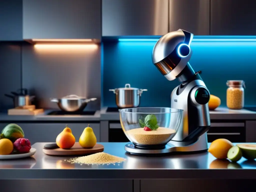 Increíble cocina futurista con robot de cocina mezclando ingredientes para recetas sin gluten