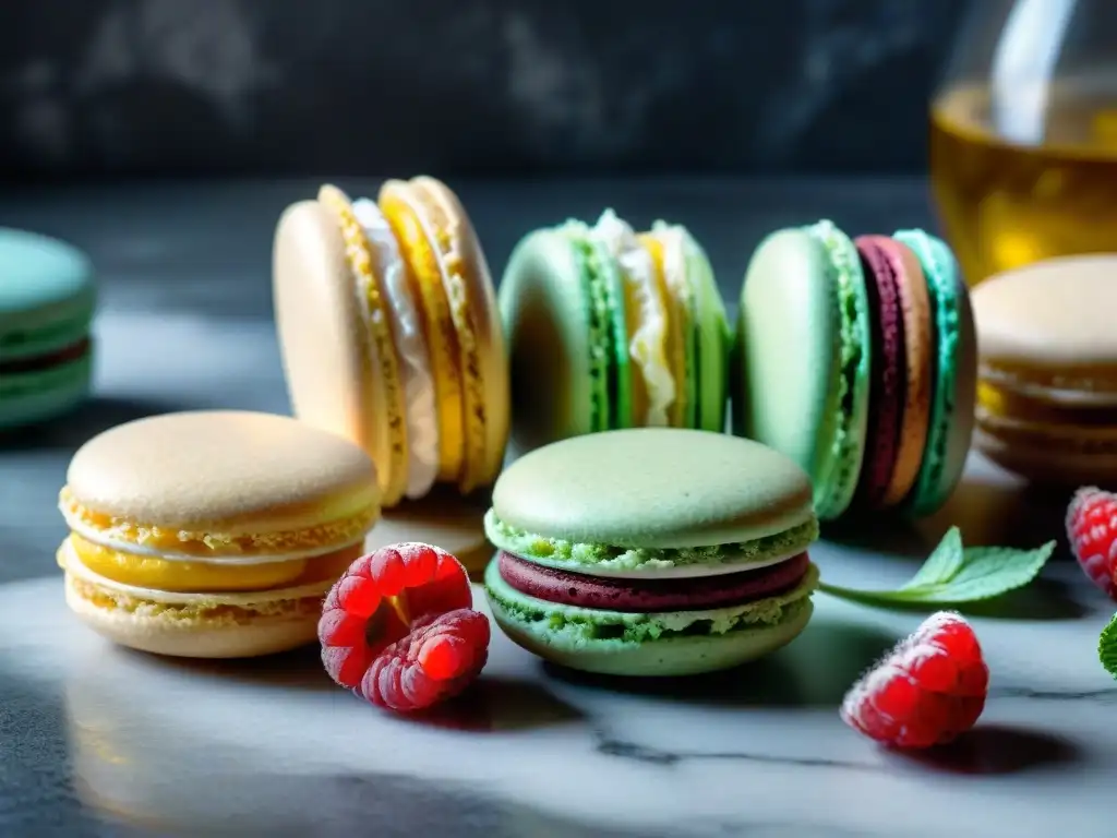 Ingredientes coloridos para macarons sin gluten, como almendra, azúcar, claras de huevo y extracto de vainilla, en un elegante mostrador de mármol