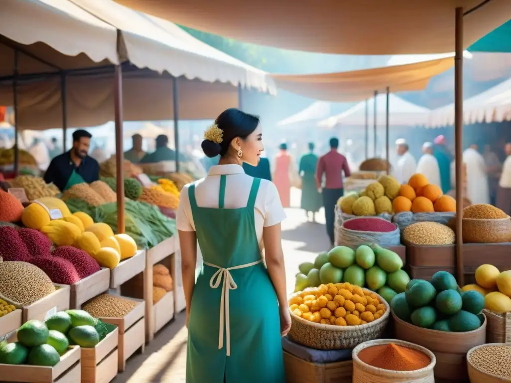 Compra ingredientes exóticos sin gluten en un vibrante mercado lleno de colores y texturas