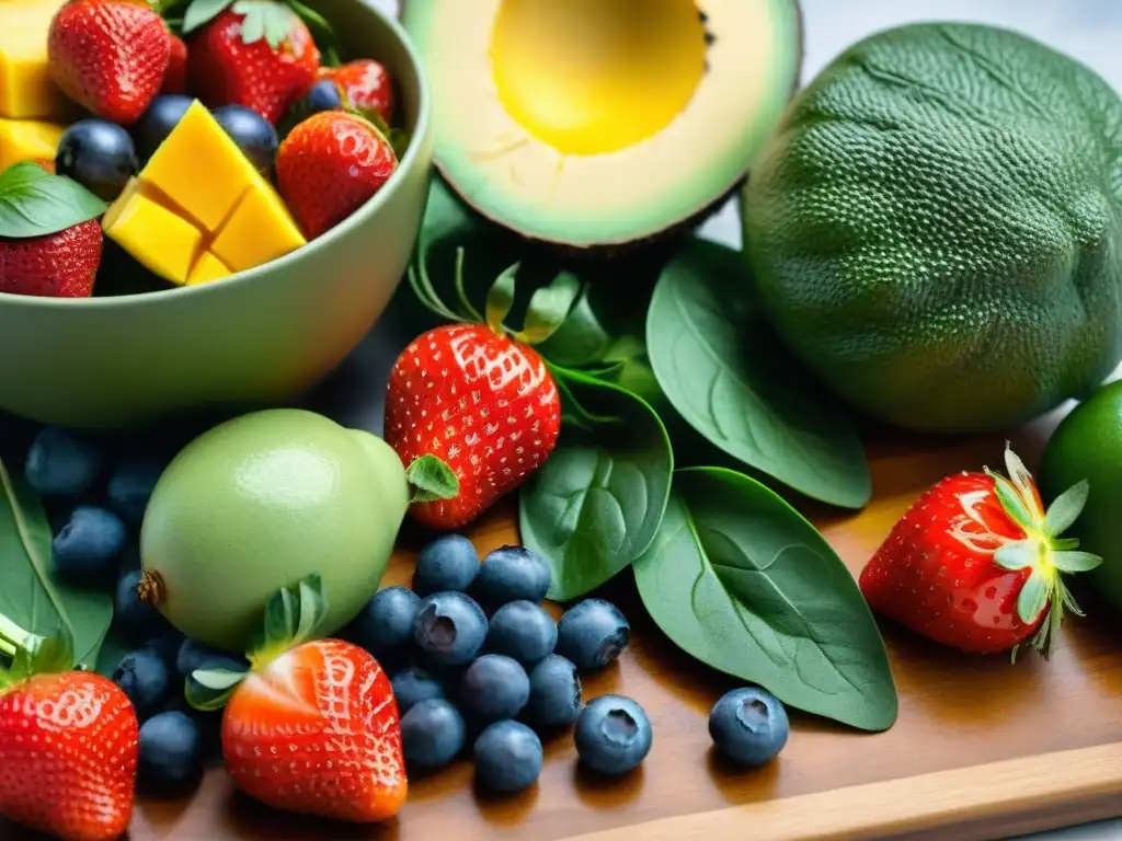 Ingredientes frescos y coloridos para smoothies sin gluten en verano: fresas, mango, espinacas, aguacate y arándanos