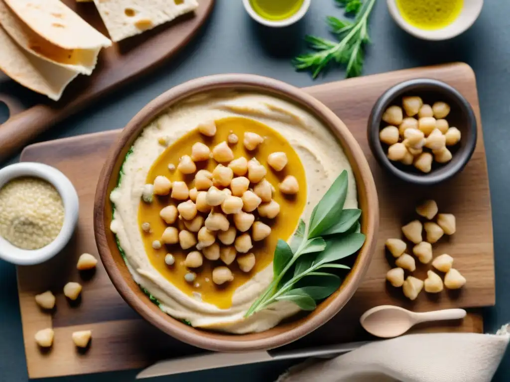 Ingredientes frescos para hummus sin gluten receta fácil, sobre tabla de madera con luz suave